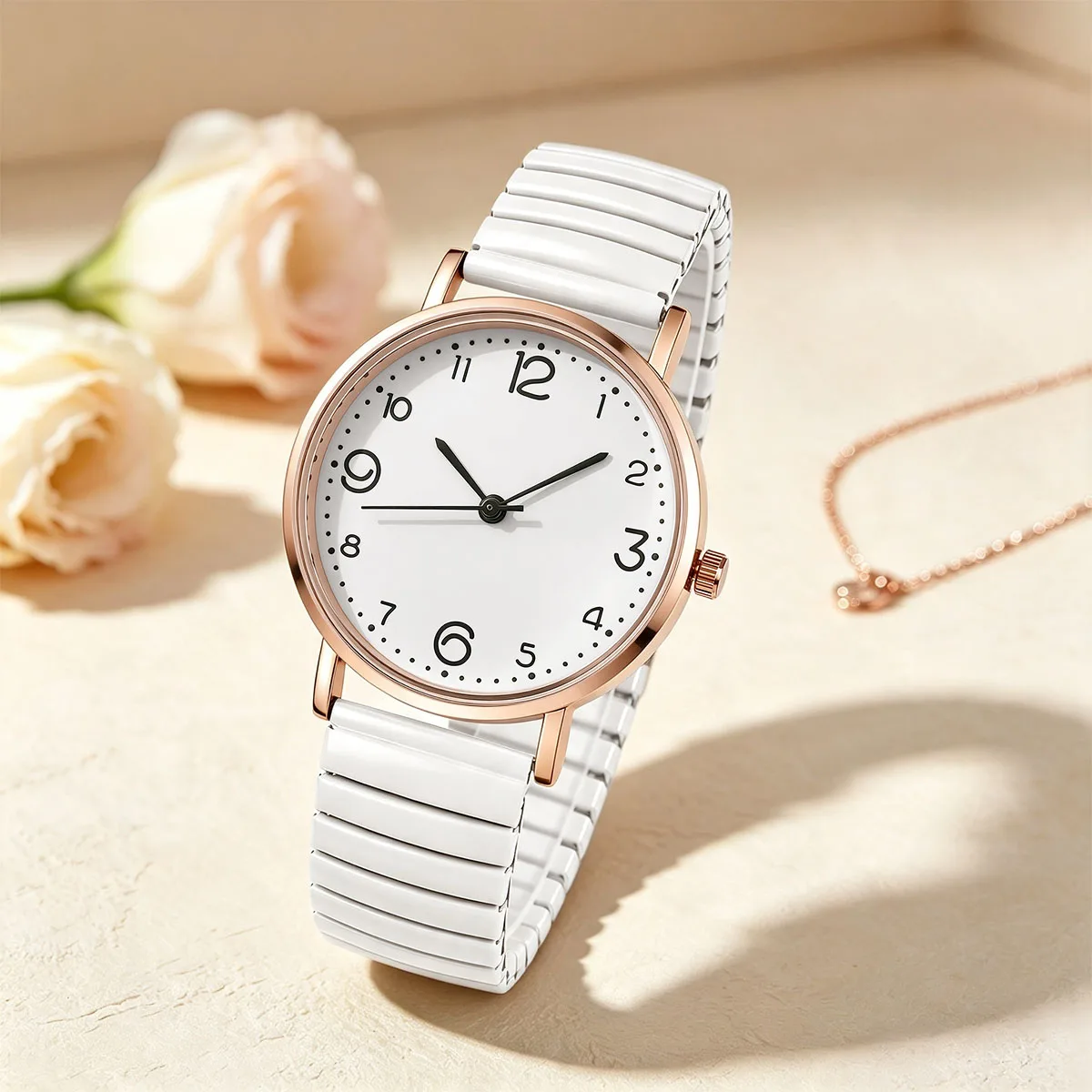 Women Elastic Soft Band Rose Gold Round Case Big Numeral Dial Casual Watches