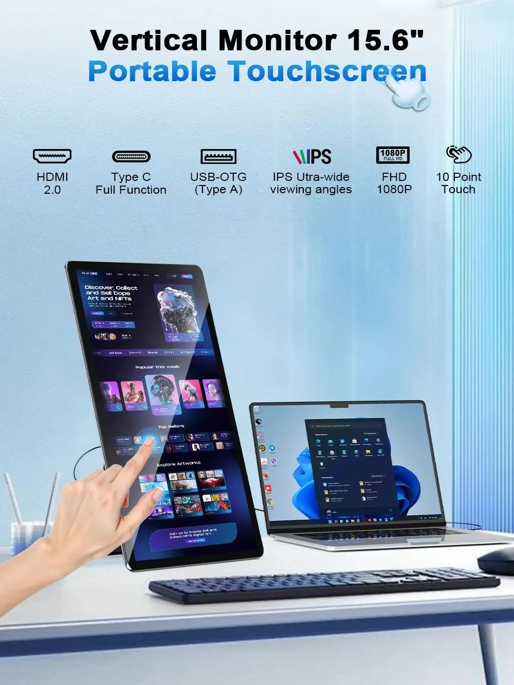 Monitor portátil UPERFECT 15,6 polegadas touchscreen FHD IPS LCD HDMI TYPE C Mobile Display compatível com PS4/PS5/XBOX/Switch/PC/Mac/celular com USB 3.1/HP Elitebook Lenovo Laptop