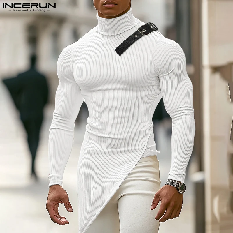 High Collar Texture Knitted Solid Color Tees 2024 INCERUN American Fashion Commuting Tops Men Long Sleeve Welle Fitting T-shirts image 2