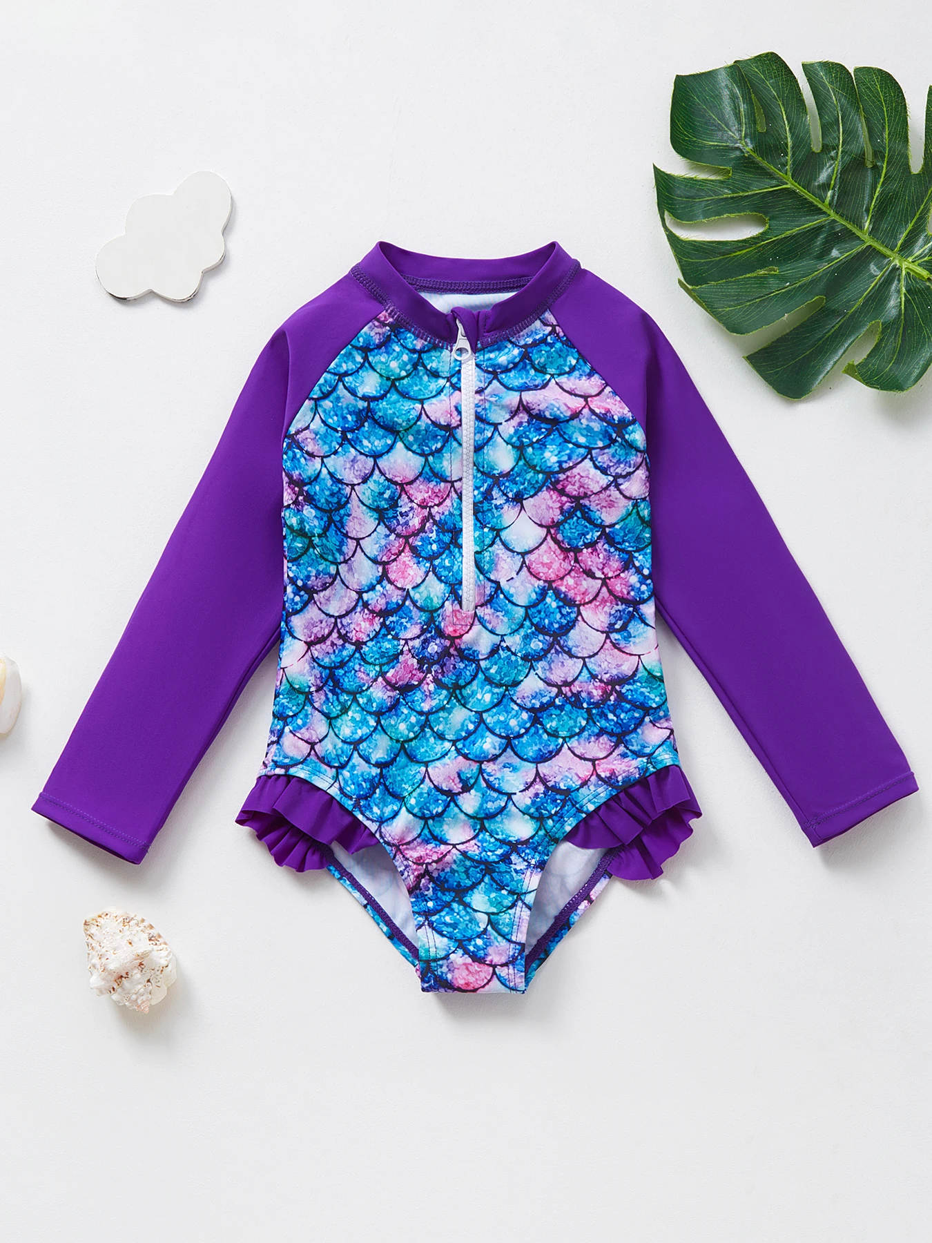 Mermaid Fish Scale Girls Rash Guard Set One Piece Swimwear for Kids