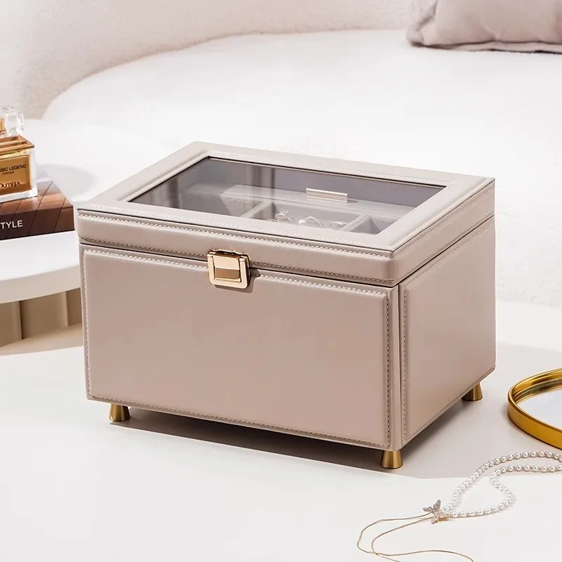 Leather Jewelry Storage Box Transparent Large Capacity Jewelry Boxes Ring Earring Necklace Storage Organizer Watch Bracelet Case