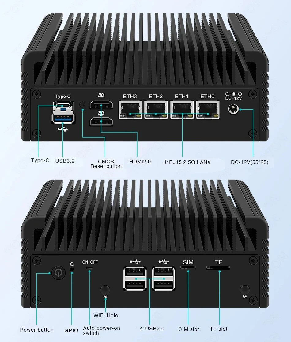 Topton Fanless Firewall IOT Mini PC Intel i3 N305 N355 N150 N95 4x2.5G LANs DDR5 NVMe Mini Computer NAS PC Home Server Host
