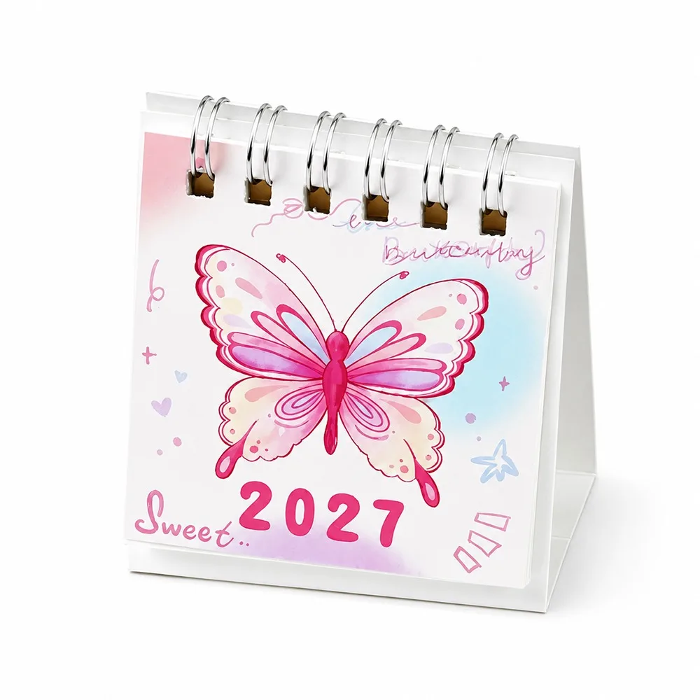Cute Butterfly Pattern 2027 Desk Calendar Portable Standing Design Flip Calendar Paper Standing Calendar Office Desk