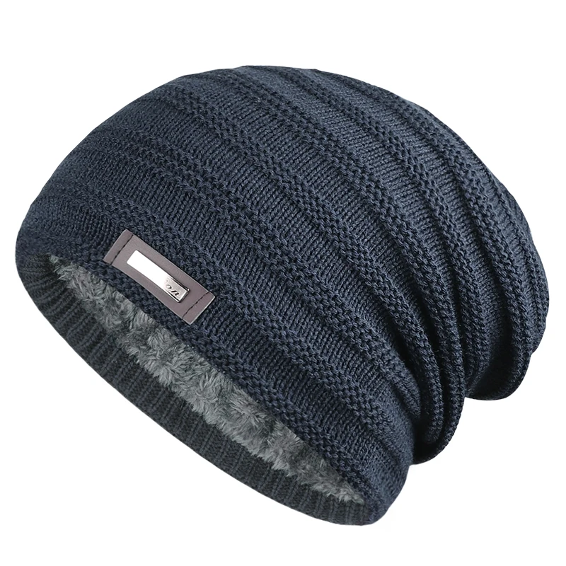 Warm Men\'s Winter Hat Polyester Fleece Lined Knitted Cap Striped Plain Beanies with Tag Fashion