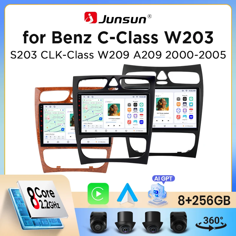 Autoradio Junsun sans fil CarPlay Android Auto pour Mercedes-Benz Classe C (W203) / Classe CLK (C209/A209) 2000-2009 avec ventilateur de refroidissement intégré, navigation GPS Android, lecteur