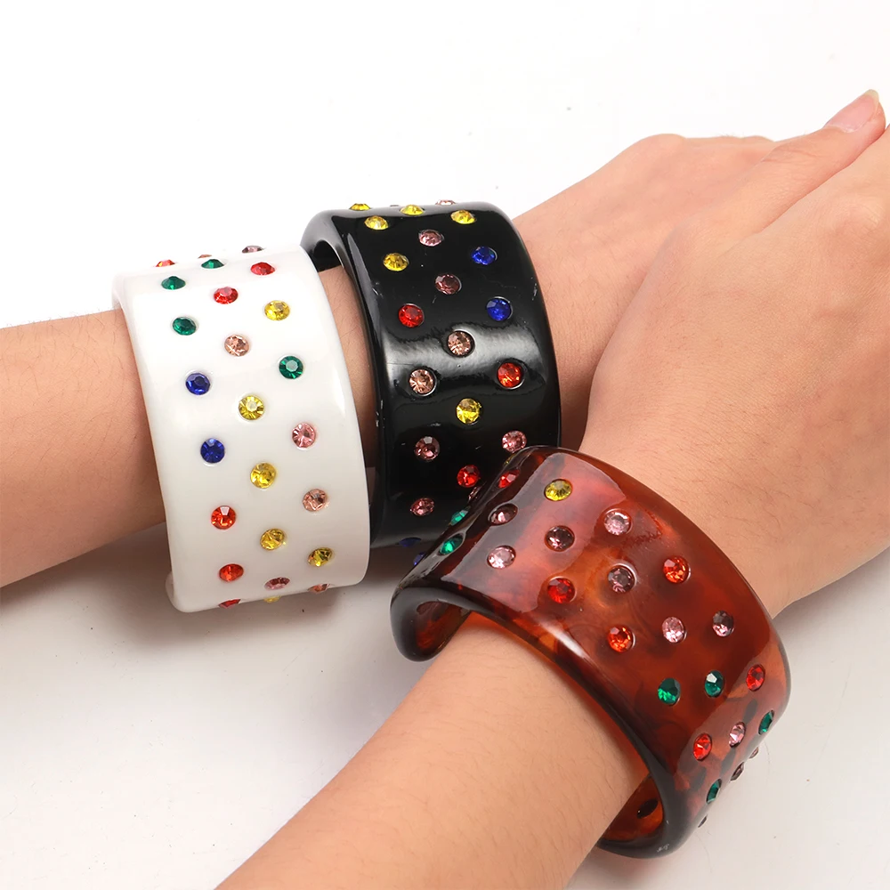 New Chunky Resin Cuff Wide Bracelet Bangle for Women Statement Multicolor Rhinestone Acrylic Open Bangles Trendy Jewelry Gift
