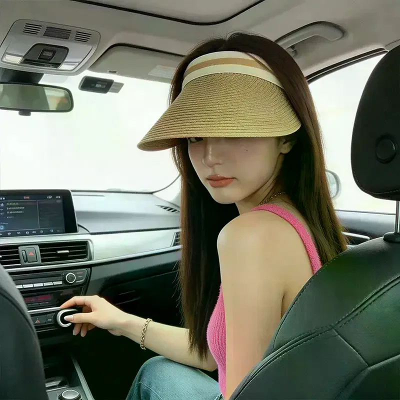 Open Top Sun Hat Raffia Straw Wide Brim Female UV Protection Cap for Summer Outdoors