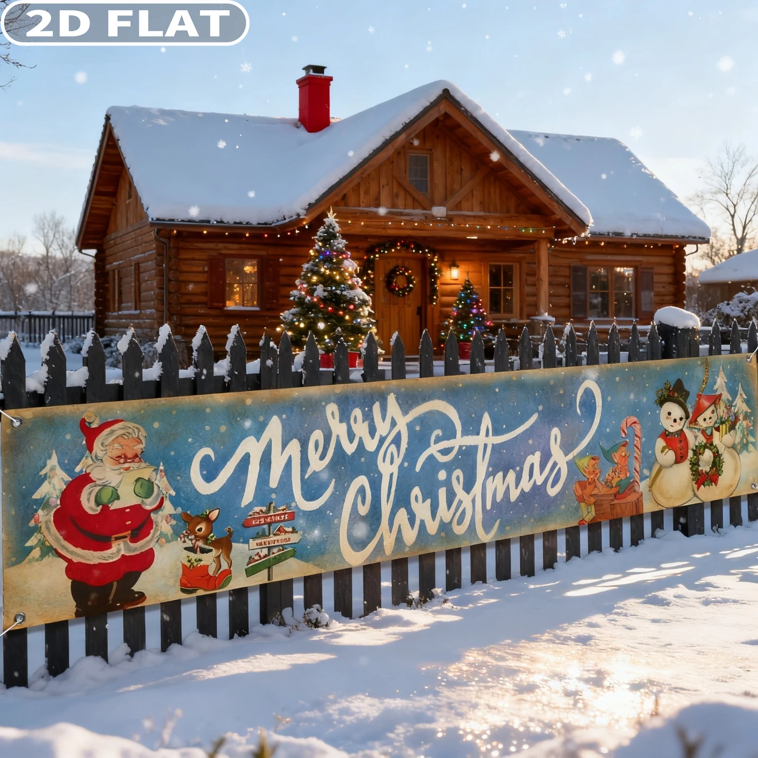 

1pc Vintage Christmas Fence Banner, Decorations Merry Christmas Banner Vintage Santa Claus Snowman Yard Signs, Polyester Banner