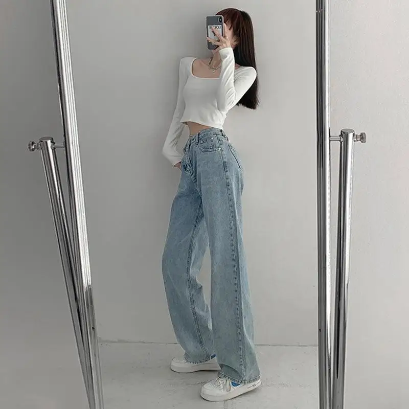 High Waist Wide Leg Loose Fit Straight Cut Jeans Women's Korean Style Asymmetrical Design Slimming Floor-Length Trousers