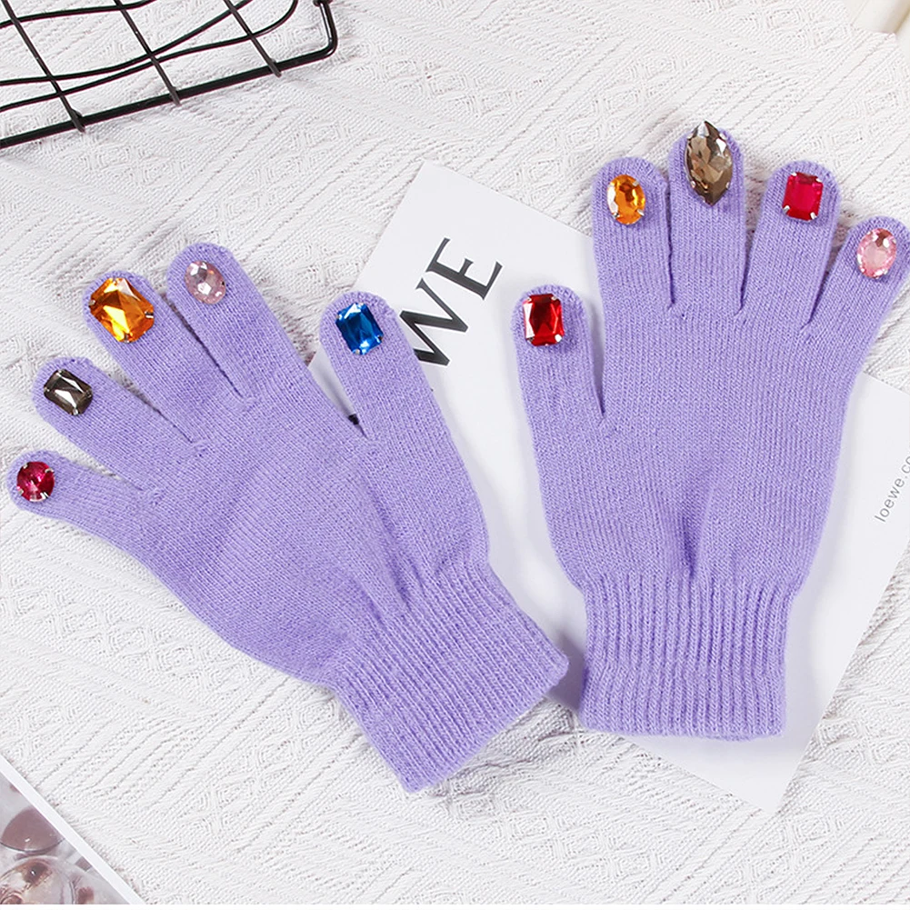 Female Gloves Full Finger Mittens Rhinestone Inlaid For Winter Fashion Warm Gloves Outdoor Cold Protection Knitted Glove