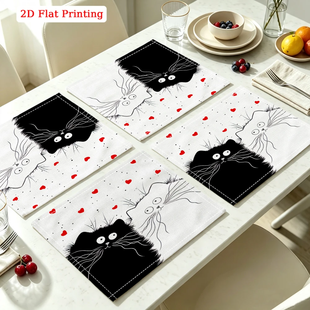 2Pcs Cute Black Cat Placemat White Red Heart Print Table Mat Kitchen Dining Decor Non Slip Heat Resistant 30X40Cm