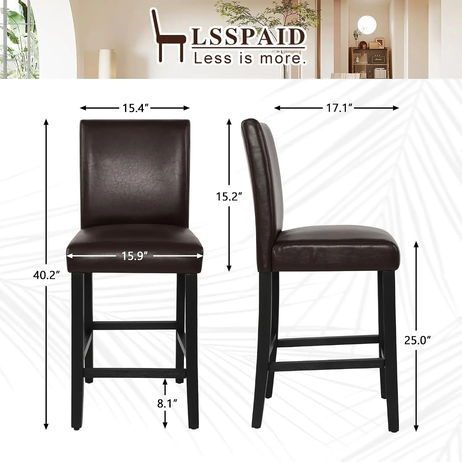 Counter Height Bar Stools 4pcs, 25 Inch PU Leather Upholstered Barstools with Backrest & Solid Wood Legs, Dark Brown, Customized