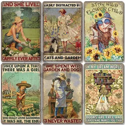 Garden Plaques Vintage Metal Tin Signs Cat Dog Sunflowers Girl Metal Plate Flower Shop Manor Living Room Wall Decor