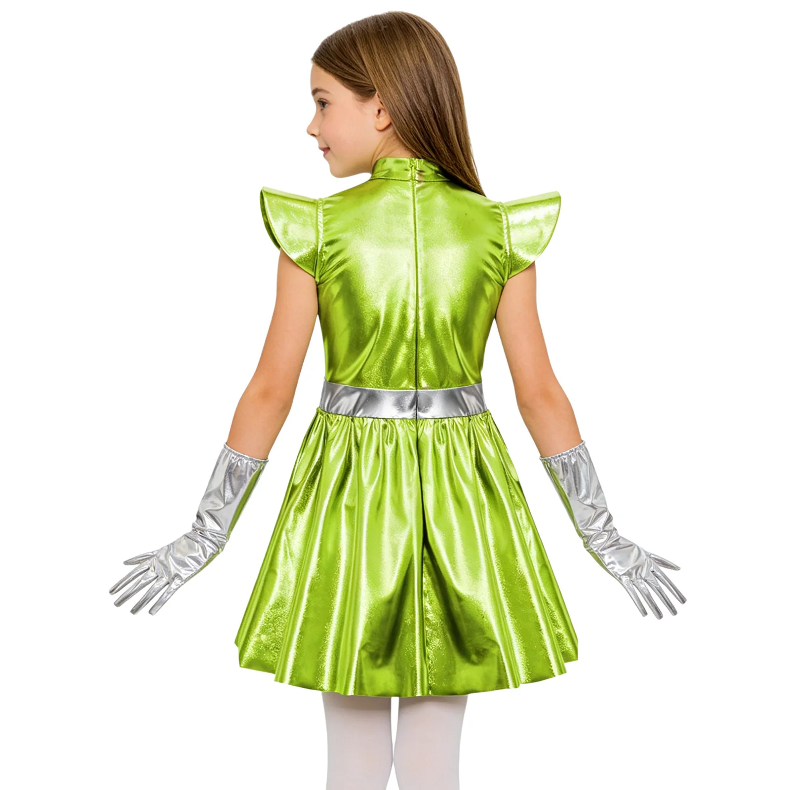 Children Girls Alien Robot Costume Flying Sleeve Metallic Shiny Dress with Gloves for Halloween Outer Space Themed Party Cosplay
