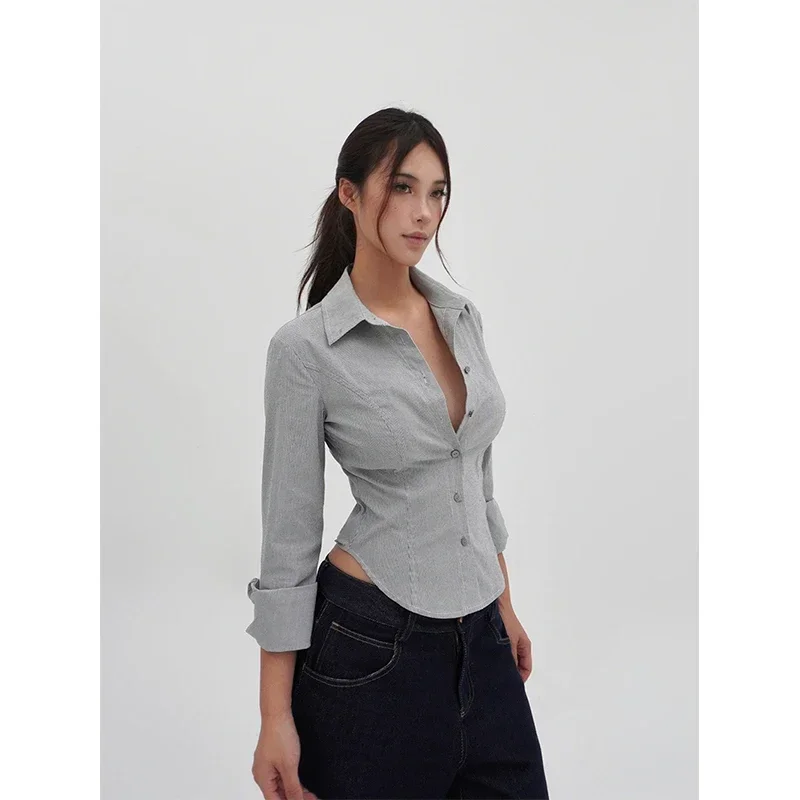 

MEXZT Elegant Cropped Striped Shirts Women Vintage Irregular Long Sleeve Blouses Office Ladies Korean Design Slim All Match Tops