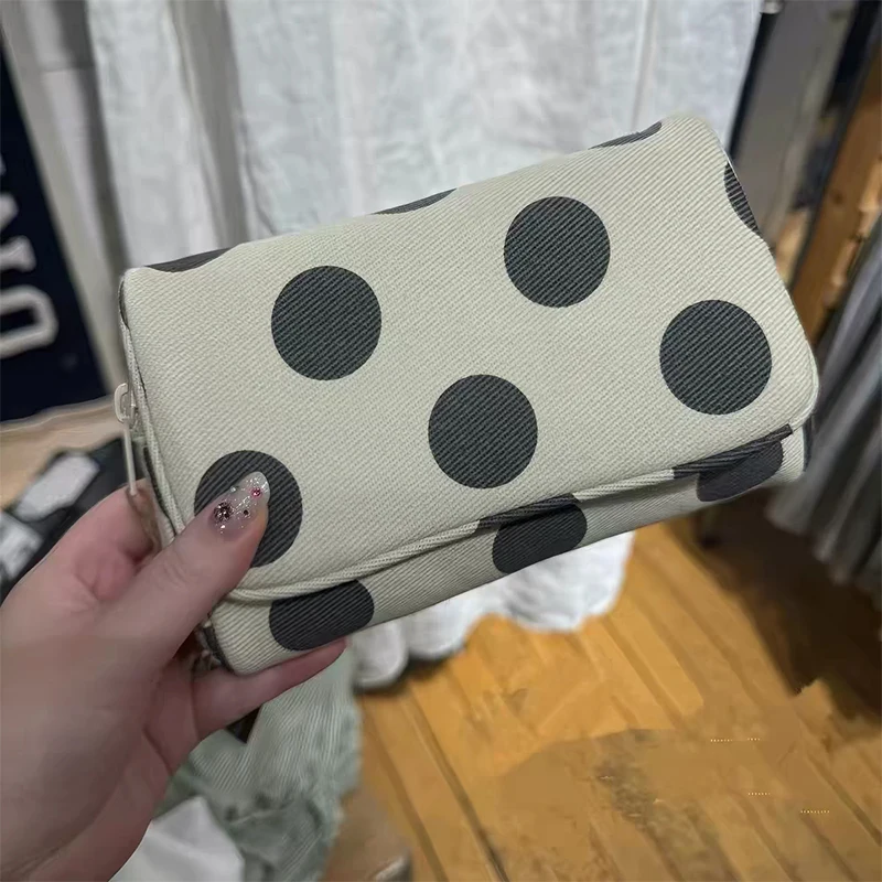Polka Dot Stripe Canvas Makeup Bag Small And Portable Makeup Storage Bag Built‑in Mirror Korean Style Fashion Flip Coin Purse