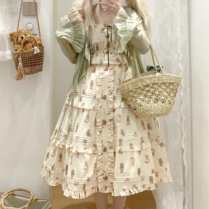 Summer Kawaii Lolita Three Piece Set Women Sweet Bear Bunny Print Camis Top Elegant Mid Skirt Korean Fashion Ruffles Skirts Suit