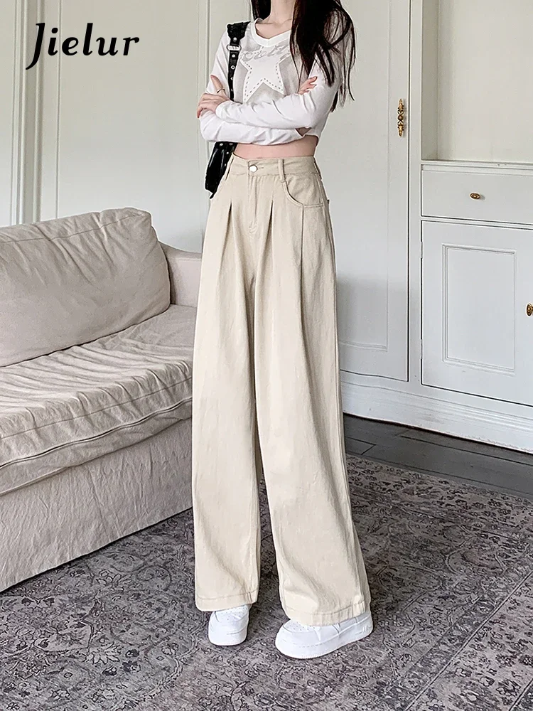 Jielur New Loose High Waist Women Jeans Casual Fashion Street Woman Jeans Khaki Simple Basic Pants Straight Leg Pants Female