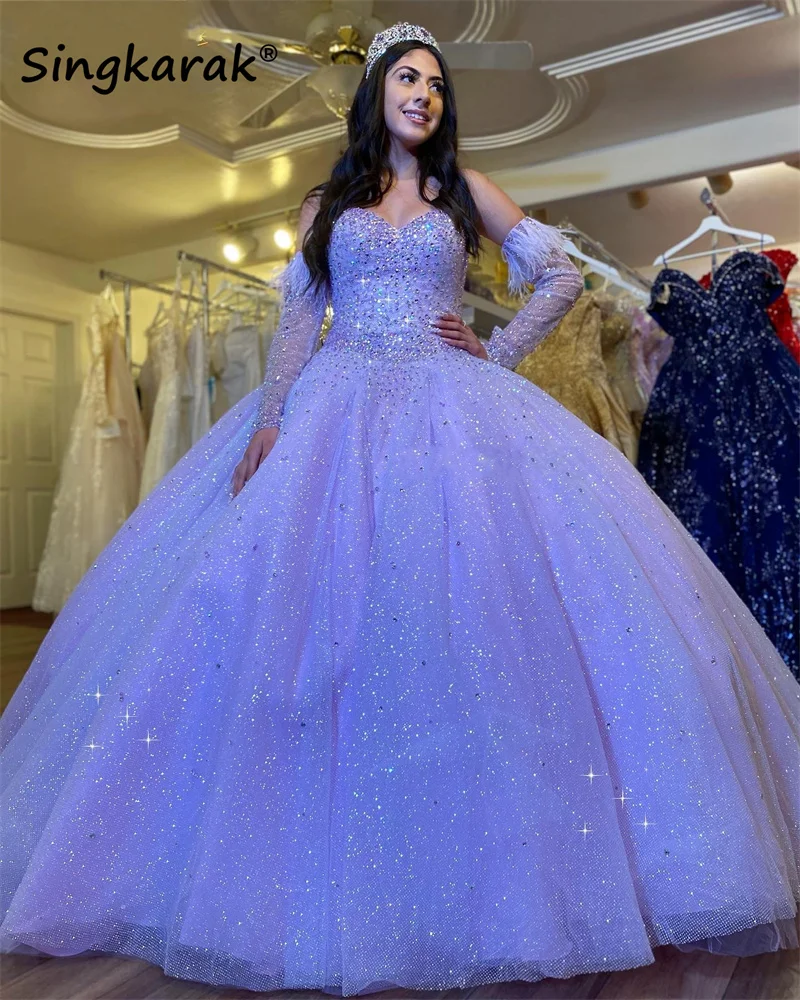 Sparkly Lilac Princess Quinceanera Dresses 2024 With Detachaed Cape Beads Feather Sweet 16 Dress Vestido De Xv Años Customized