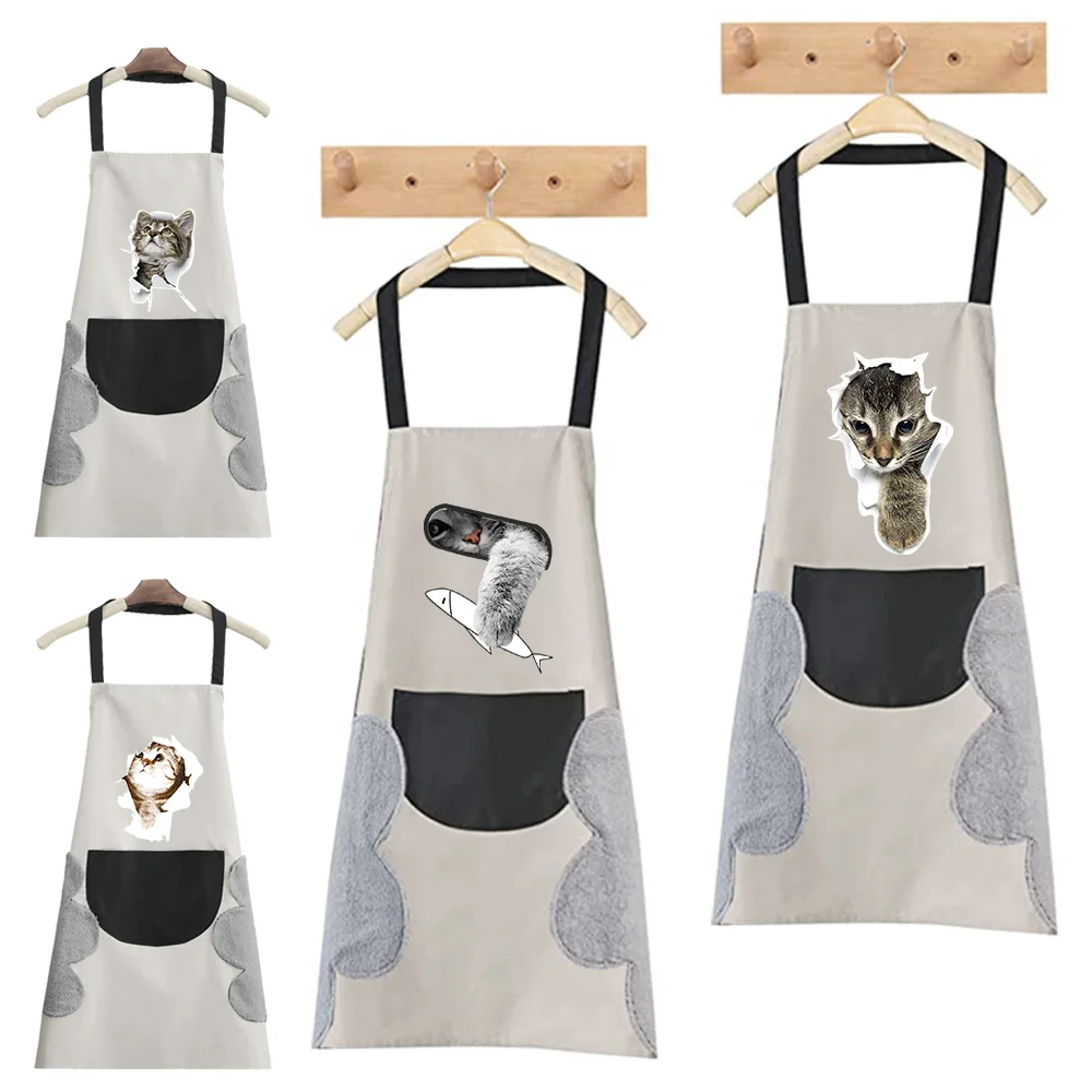 

Hand-wiping Cooking kitchen Apron Women Men Waterproof Adult Waist Apron Coffee Overalls Wipe Studios Uniform Cat pattern