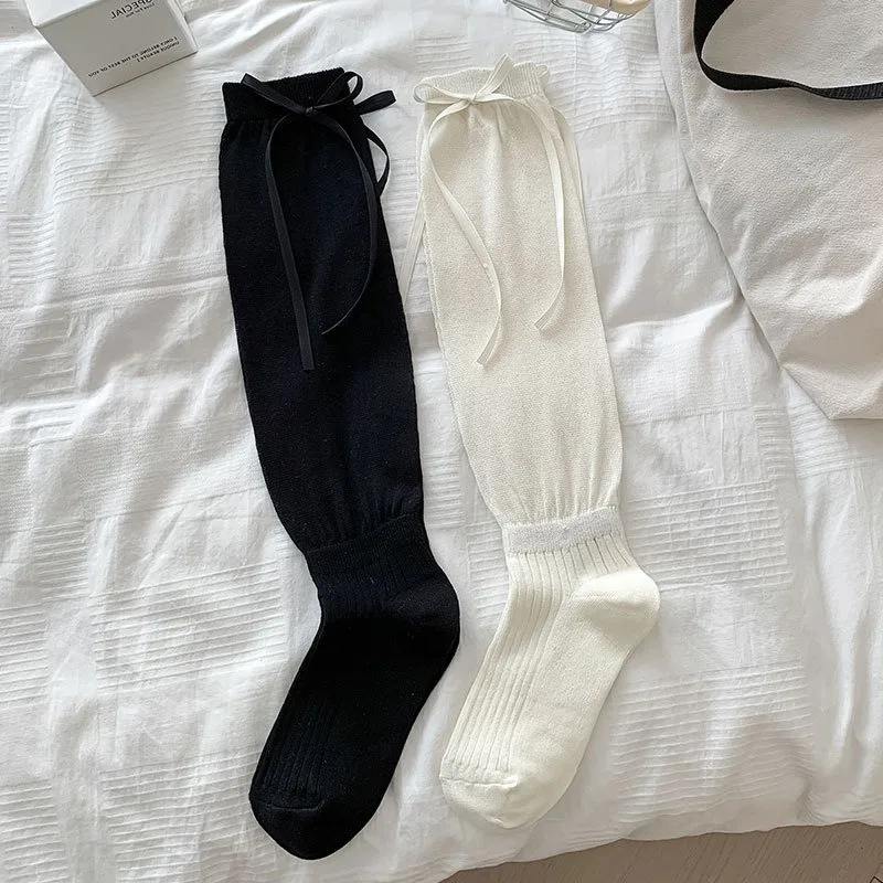 1/2pairs Lolita Mid Length Socks Women Comfortable Breathable Knee-socks Lace Bow Casual Soft Solid Simple Vertical Stripe Socks image 6