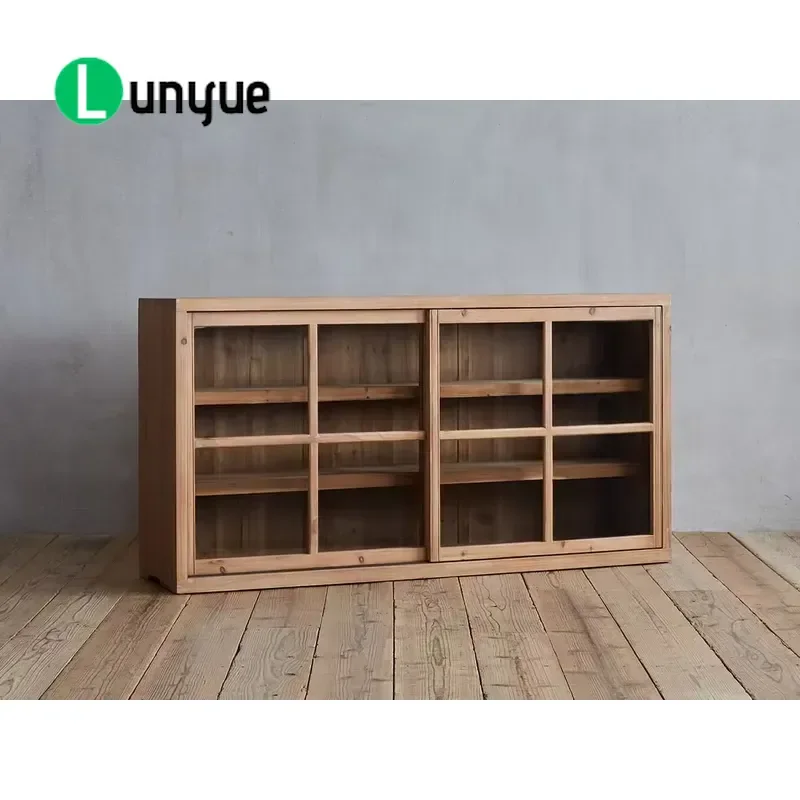 Solid Wood Living Room Cabinet with 12 Shelves and 5 Drawers Slow Closing Hinge Swinging Door Retro Japanese Hotel Style
