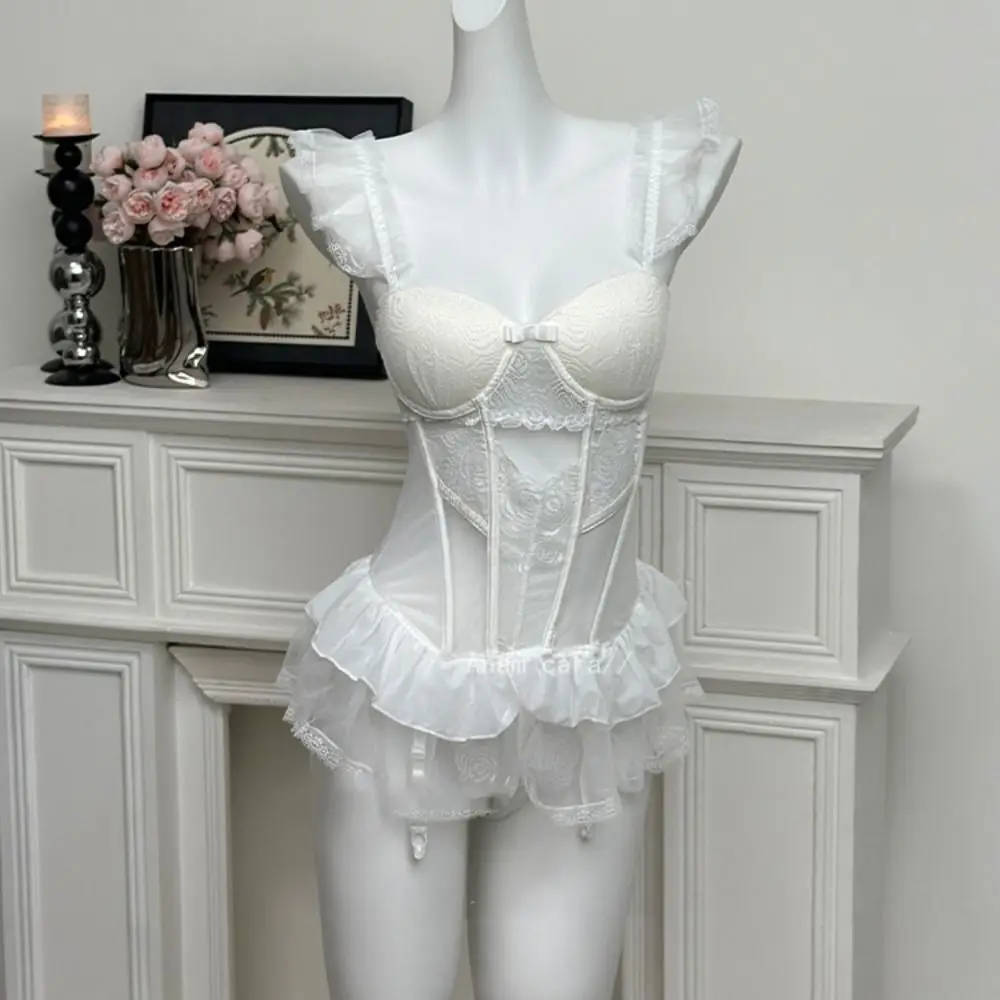 

Fashion Bow Flower Lace Nightgown Transparent Ruffle Camisole Nightwear Sweet Women Lingerie Mesh Nightdress Girl