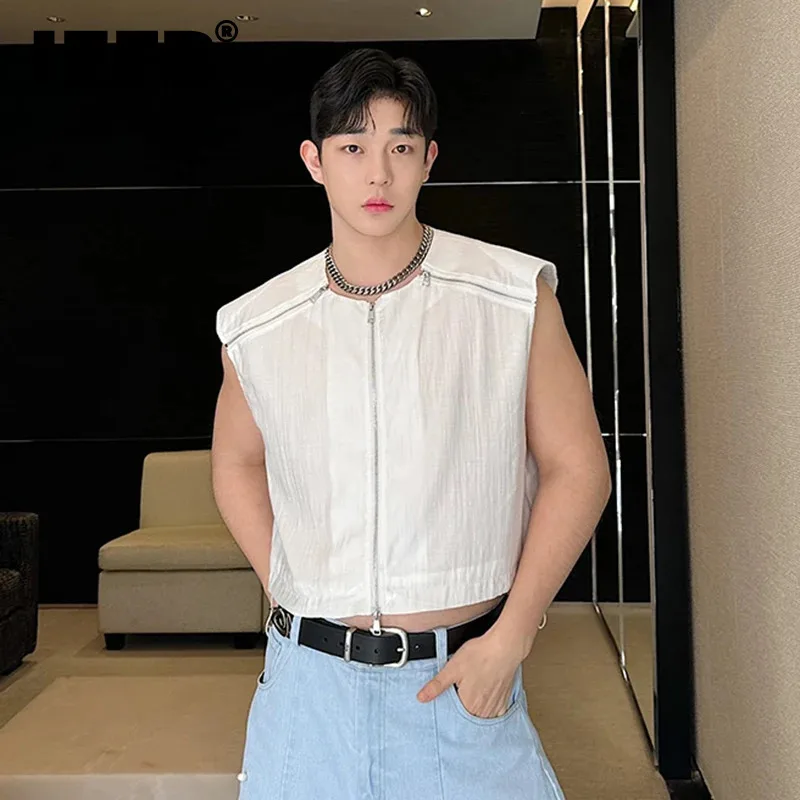 

IEFB Versatile Deconstructed Male Vest Zipper Patchwork Drawstring Sun-proof Sleeveless T-shirt 2024 Summer New Trendy 9C5943