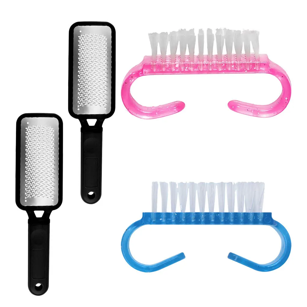

Stainless Steel File Set 2 Horns Shape Brushes Blue Pink Long Handle Anti-Skid Callus Remover Dead Skin Exfoliator