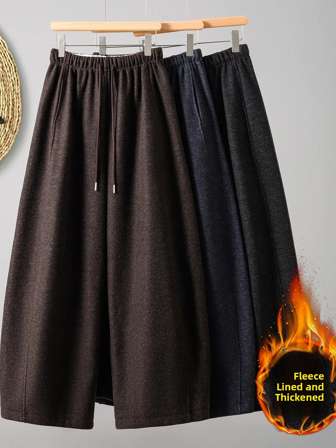 

Thickened Fleece Winter Casual Pants Women's Drapey Wide Leg Woolen Trousers High Waist Straight Cut Warm Comfortable Loose Fit