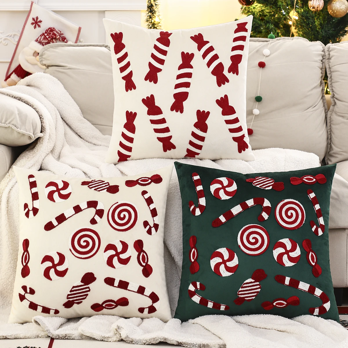 1 PC Christmas Candy Throw Pillow Cover Velvet Embroidery Snowflake Christmas Decoration Living Room