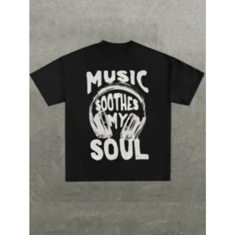En's,Music Soothes My Soul Casual Printed T-Shirt Crew Neck Short Sleeve,220g Cotton T-Shirt