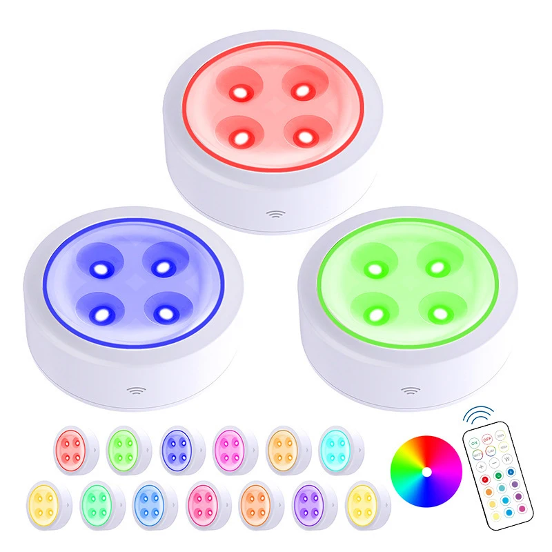 3AA Battery Operated RGB Color Changing Wireless Under Cabinet Lighting LED Puck Light with Remote Control