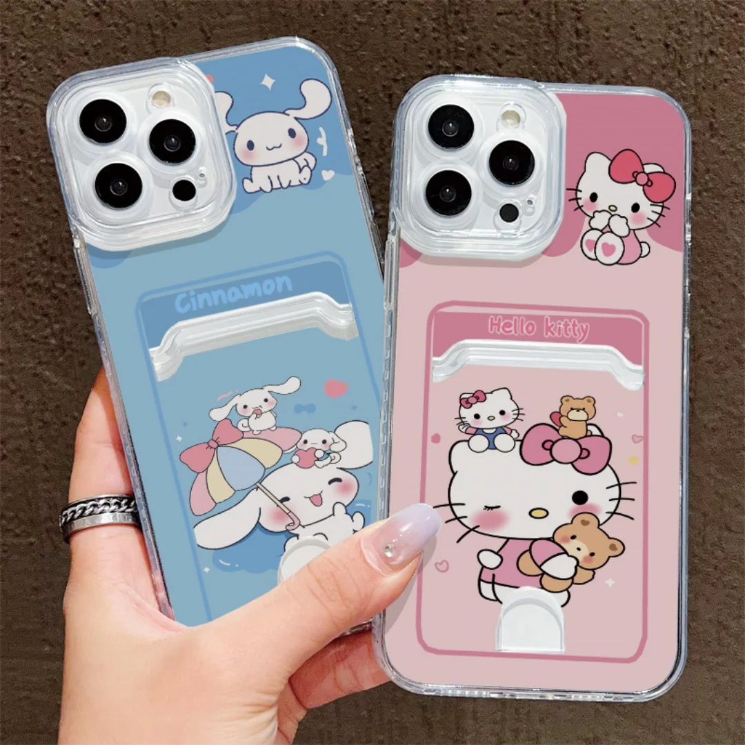 

Cute Hello Kitty Cinnamoroll Wallet Card Bag Phone Case For iPhone16 15 14 13 12 Pro Max 14 15 Plus full Lens Protection Cover﻿﻿