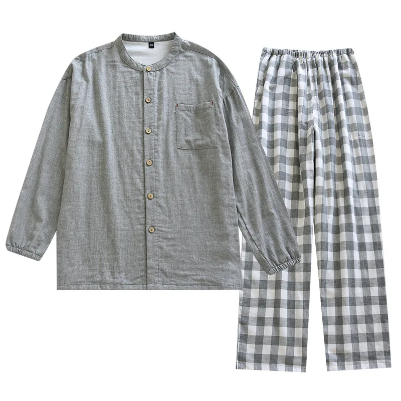 Ensemble pyjama japonais pour hommes, 2026 coton, à carreaux, manches longues, pantalon, costume de maison, Cardigan deux pièces, nouvelle collection printemps et automne 100%