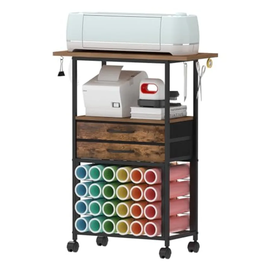 

Органайзер и подставка для хранения, совместимые с машинами Cricut, передвижная тележка/полка для хранения с 24 держателями для рулонов винила и 2 тканевыми ящиками