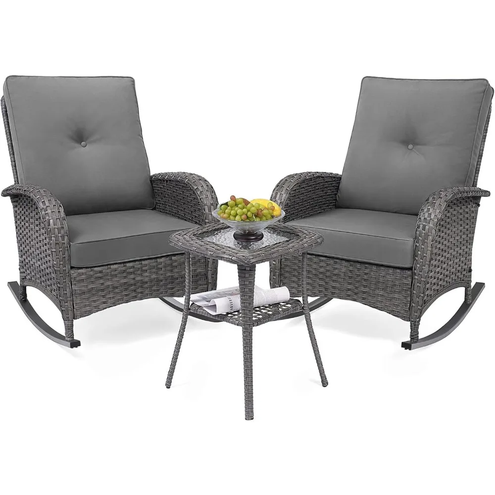 

Patio Rocking Chairs Set, Outdoor Rocking Chairs Set of 2 with Side Table, 3-Piece Wicker Furniture Set for Patio, Porch, and Ba