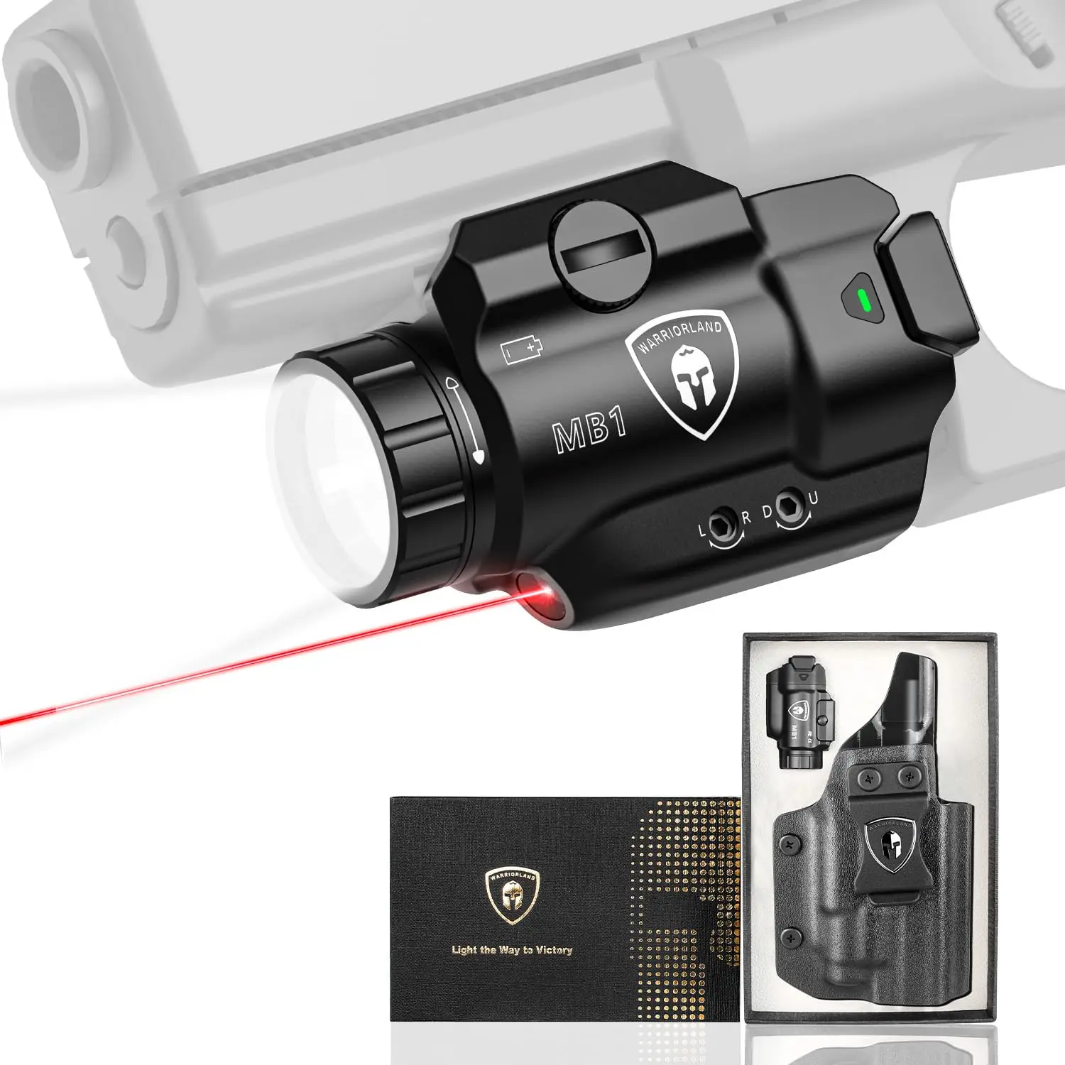 

500 Lumens MB1 Portable Universal Rail Mounted Weapon Light - Red Laser & White LED Combo with M&P 9mm Shield EZ Kydex Holster