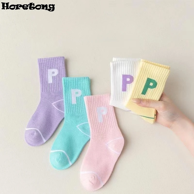 Horetong 5 Pairs/Lot Children\'s Fashion Letters For Girls Kids Autumn Comfortable Sports Casual School Cotton Middle Tube Socks