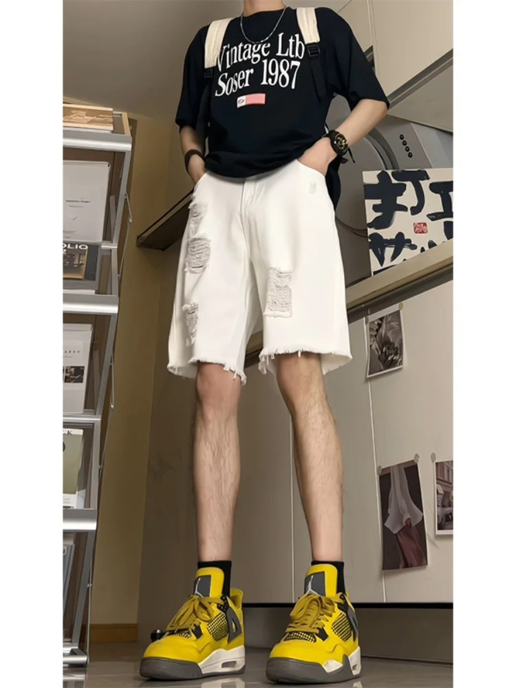 

Мужские летние тонкие джинсы Slim Fit прямого кроя, модные, повседневные, в стиле ретро, универсальные, длиной до колена