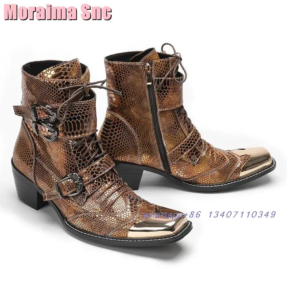 

Belt Buckle Metal Square Toe Ankle Boots For Men Snake Pattern Lace-up Side Zipper Block Chunky Heel Men Short Boots Newest 2025