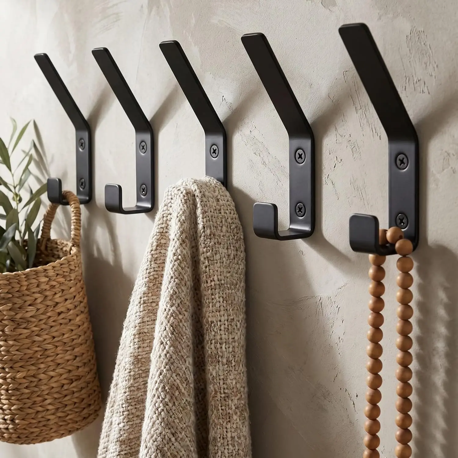 

5 Pack Black Metal Double Coat Hooks, Sturdy Wall Mount for Jackets, Towels, Hats