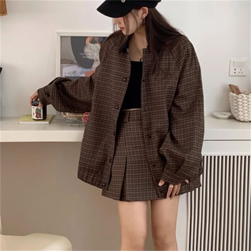 Coffee Women Suits Slim Plaid Slim-Fit Jackets Vintage Office Lady New 2023 Spring Mujer High Street Chic Skirts Sets