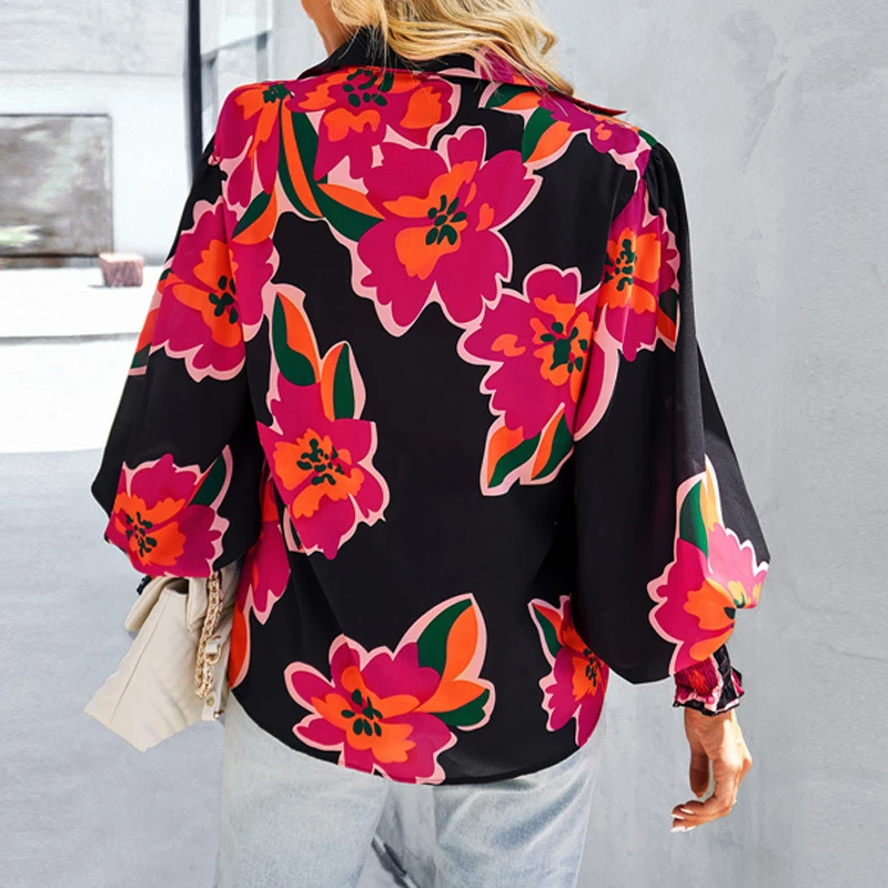 Fashion Women Printed Chiffon Shirt New Spring Autumn Elegant Lantern Long Sleeve Loose Office Casual Blouse Ladies Lapel Tops