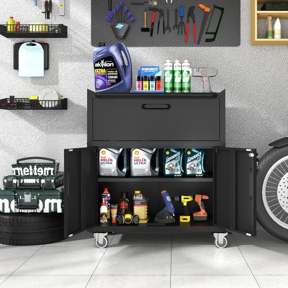 

Metal Storage Cabinet with Wheels, Lockable Garage Storage Cabinet with 2 Doors and 1 Drawer, Rolling Tool Storage Cabinet