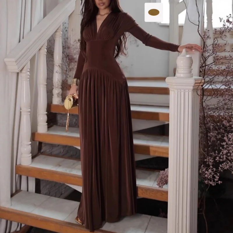 

Women's Clothing Winter New Elegant Waist-Cinching Long Sleeve Dress Fashion Glossy Velvet Dress