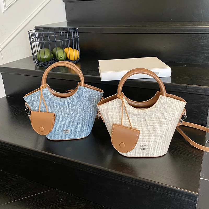 

Fashion Contrasting Color Bucket Bag Leather Patchwork Women Handbag Korean Casual Fashion Simple Female Cross body Bags