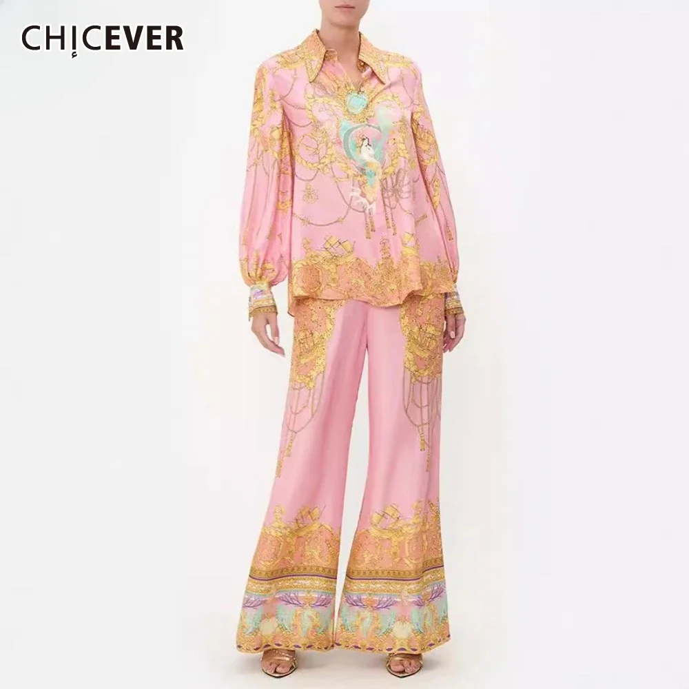 CHICEVER Casual Vacation Two Piece Set for Women Laple Long Sleeve Pink Printed Shirt High Waist Trousers Suit Female Autumn New