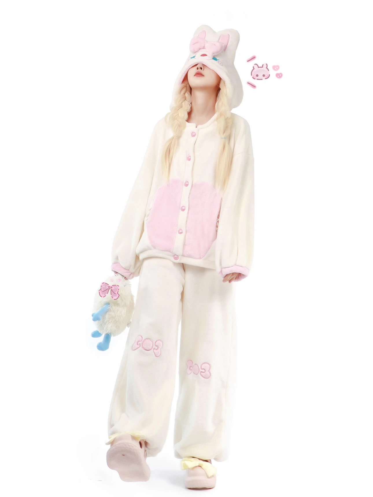 Women's Thickened Coral Fleece Rabbit Pajama Set Hooded Single Breast Bow Big Pockets Sleepwear 2024 Winter Home Clothes