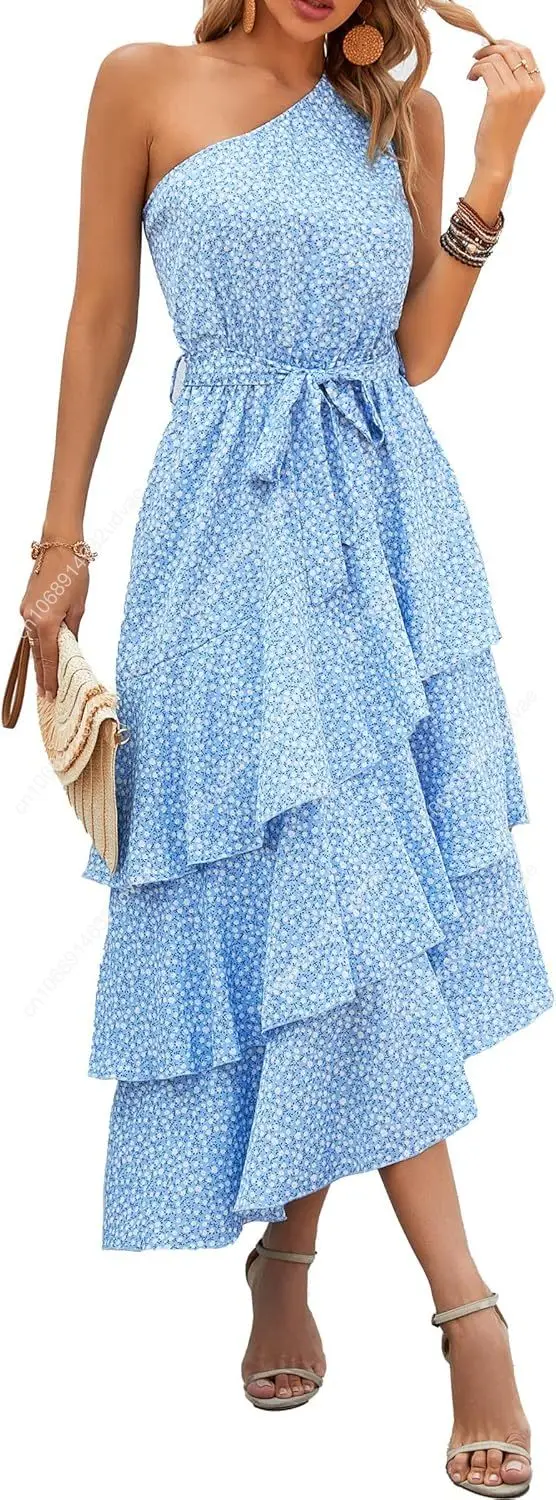

Women's Summer Floral Sundress Casual One Shoulder Tiered Ruffle Flowy Midi Beach Boho Dresses